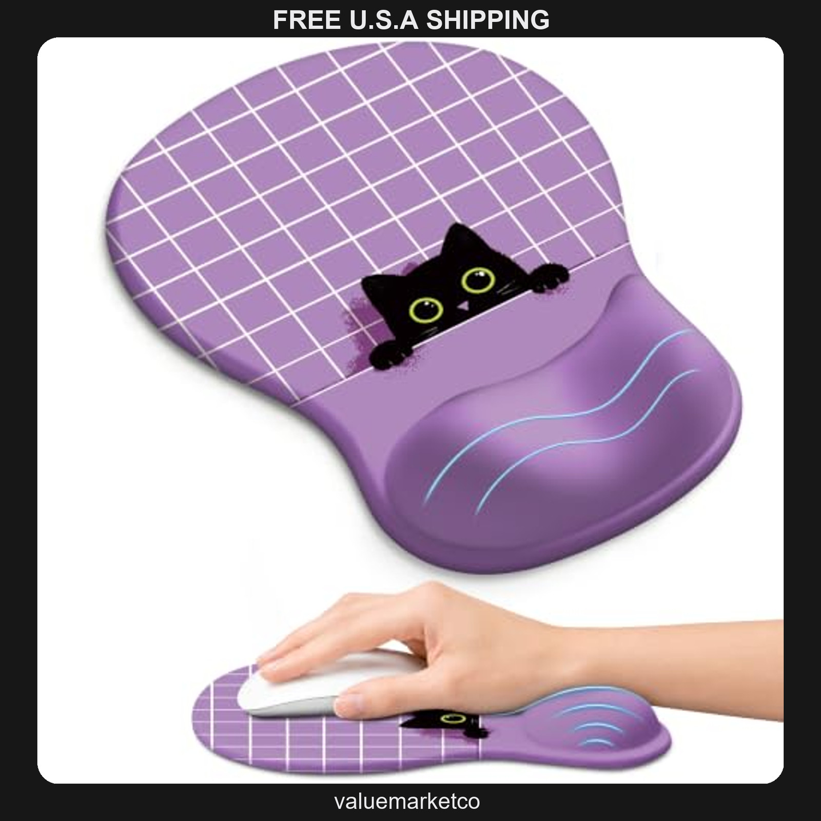 Ergonomic Mouse Pad with Gel Wrist Rest, Purple Cat Design, 10.2 x 7.6 Inches