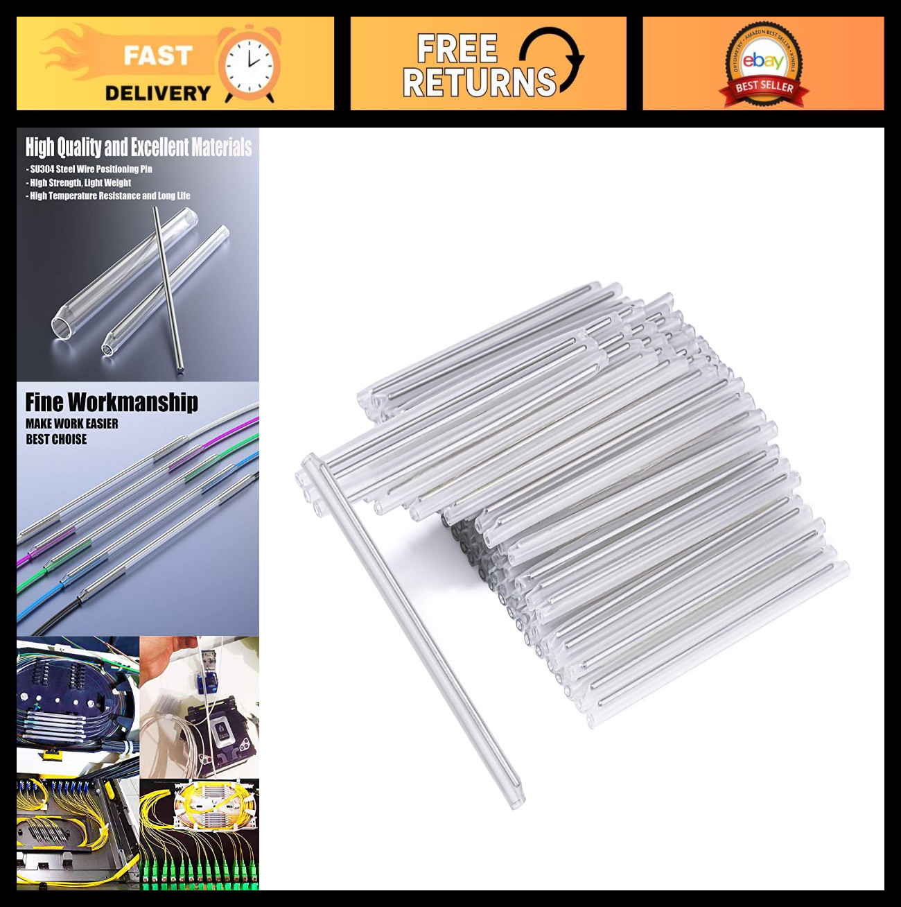 100pcs Clear Fiber Fusion Splice Sleeves Kit - 2.6mm x 60mm, High-Quality Fiber