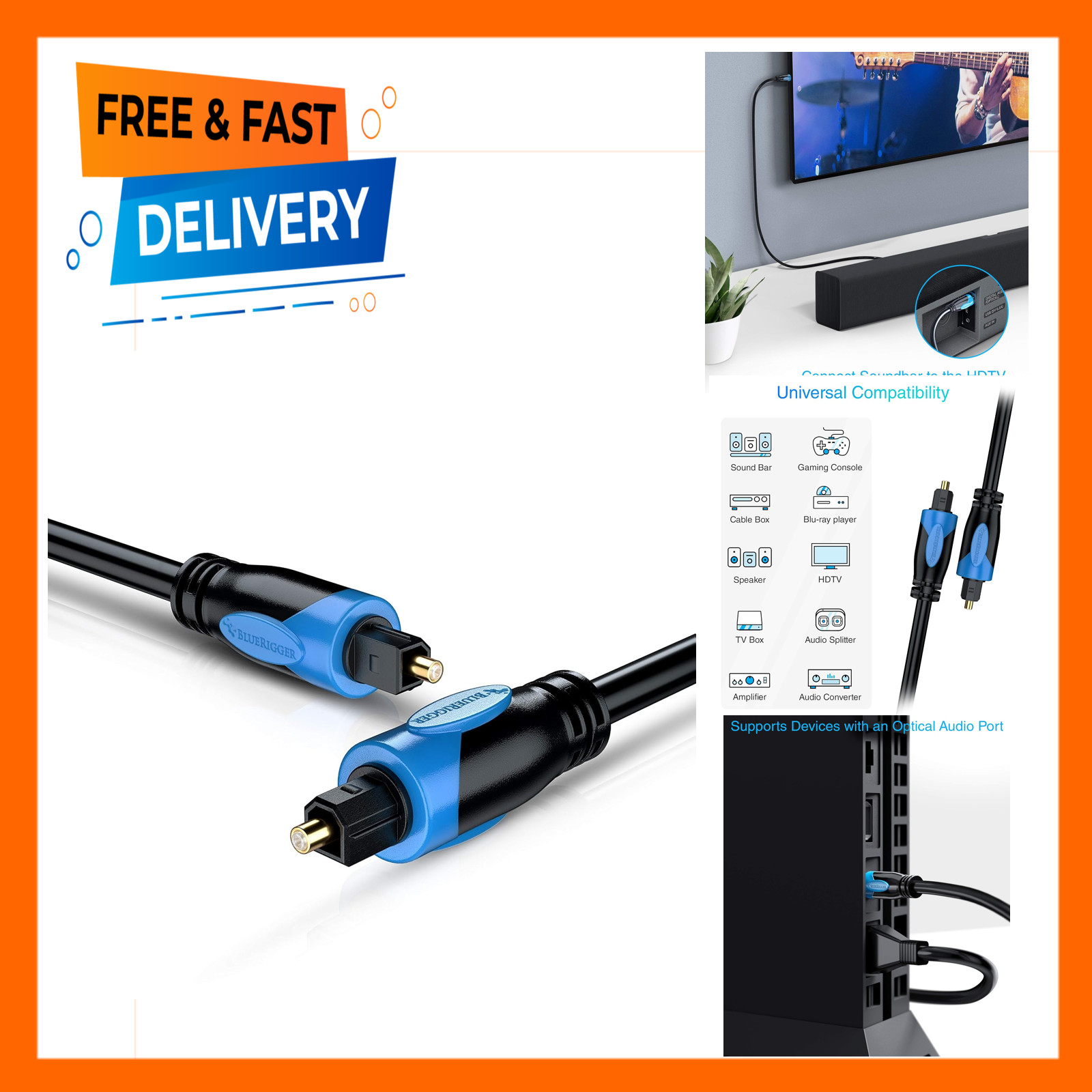 Fiber Optic Toslink Digital Audio Cable 20FT In-Wall CL3 Rated for Home Theater
