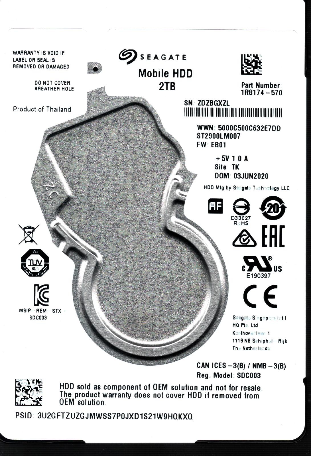 ST2000LM007 P/N: 1R8174-570 F/W: EB01 S/N: ZDZBG 2TB JUN 2020 THAILAND SEAGATE
