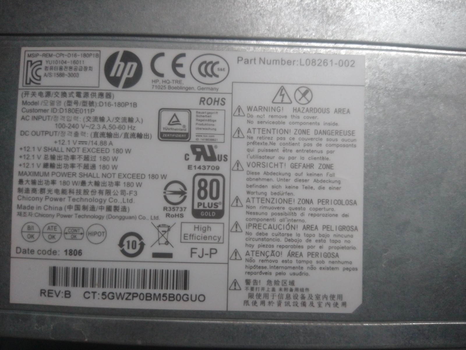 180W Power Supply 80 Plus Gold PSU For HP Pavillion Desktop L08261-001 US