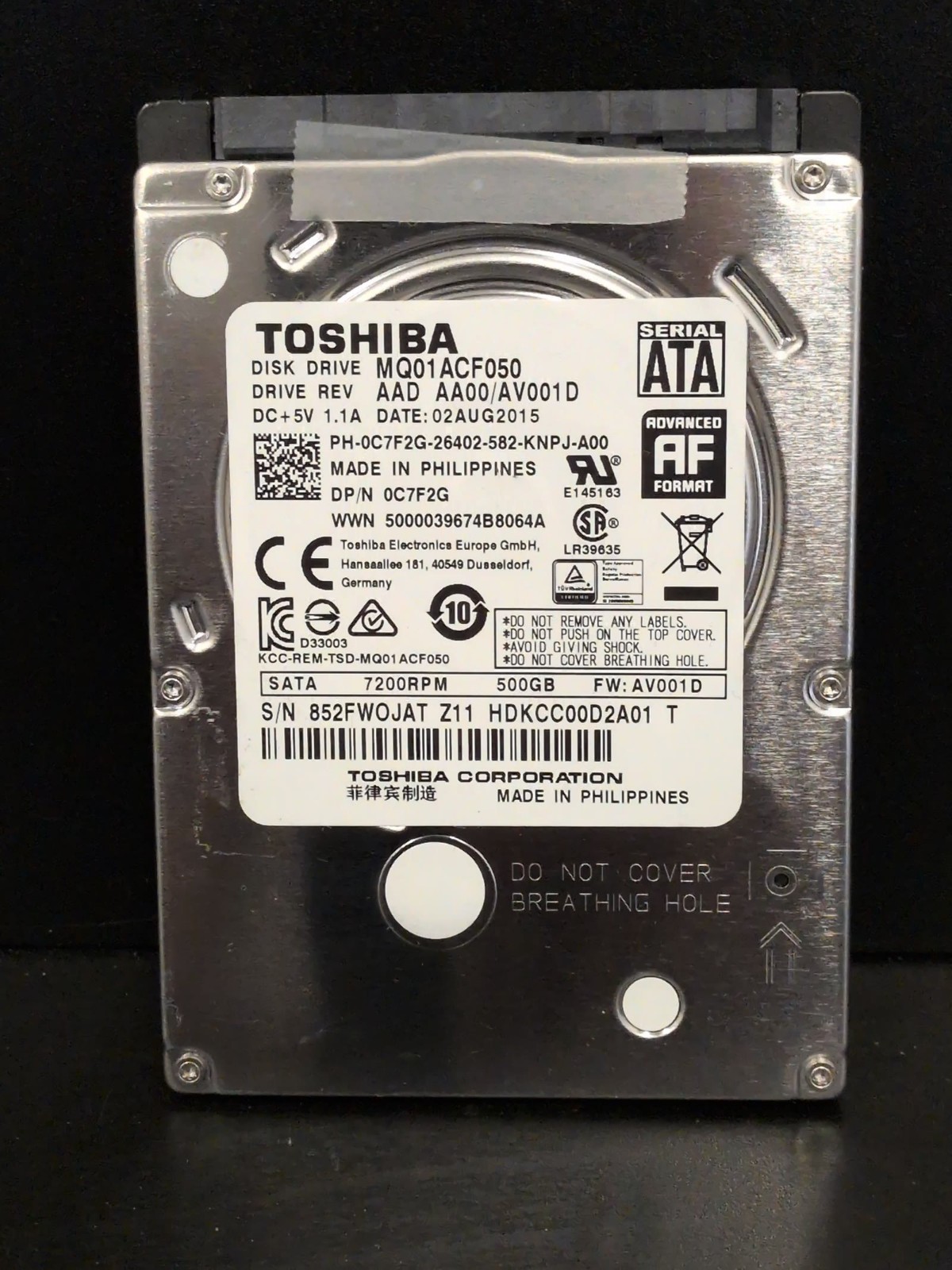 Toshiba 500GB 2.5" HDD MQ01ACF050 SATA 7200RPM Laptop Drive Used