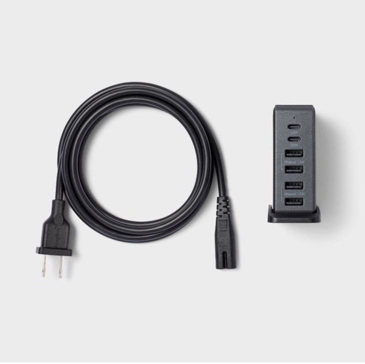 6-Port Charging Hub Vertical 2C + 4A - heyday™ USB TowerCharger - Black Saffiano