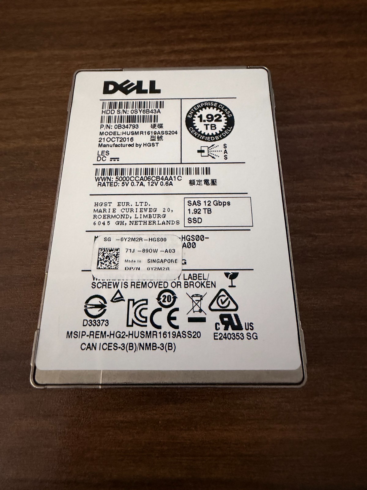 Y2M2R Dell Compellent 1.92TB Enterprise SAS 12Gbps 2.5-inch Solid State Drive