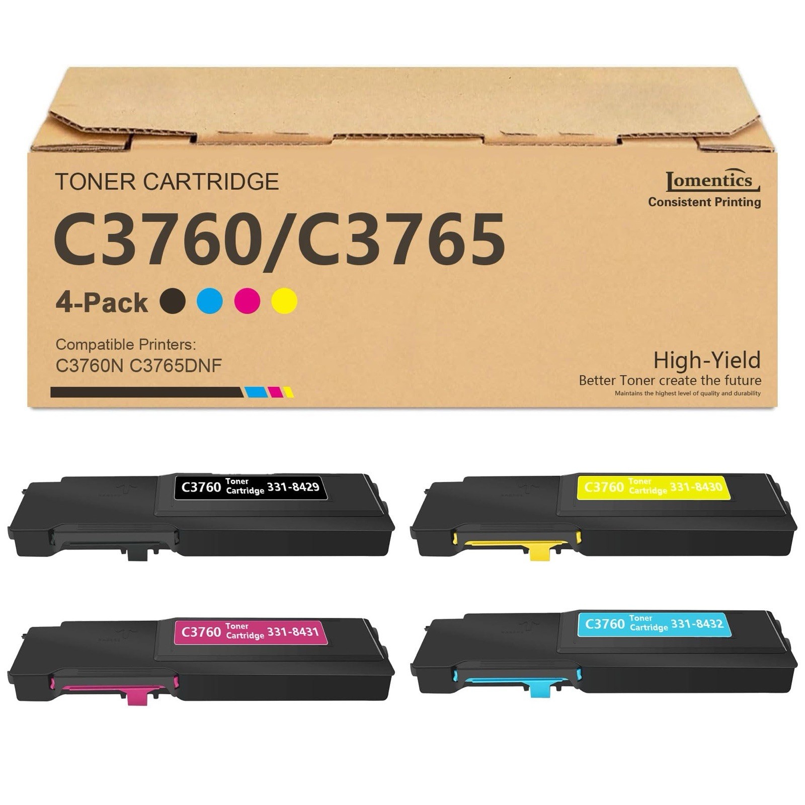 C3760 C3765 High-Yield Toner 4-Pack BK/C/M/Y for Dell 331-8429 8430 8431 8432