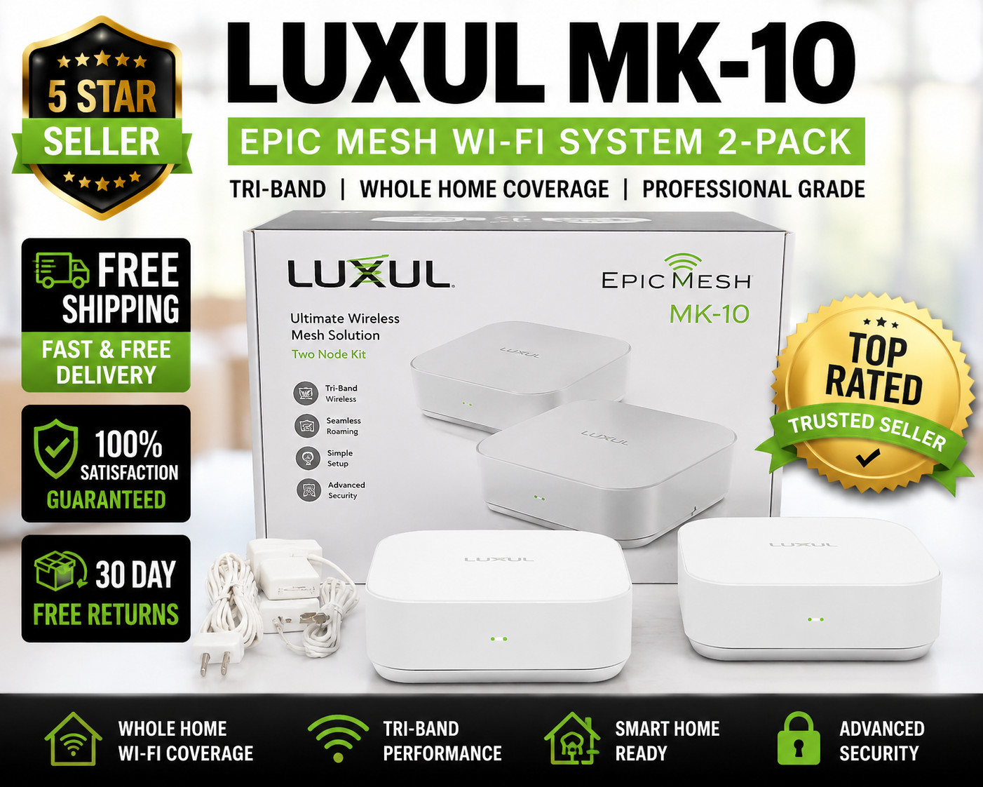 Luxul MK-10 EPIC Mesh WiFi System 2-Pack Tri-Band Whole Home Network