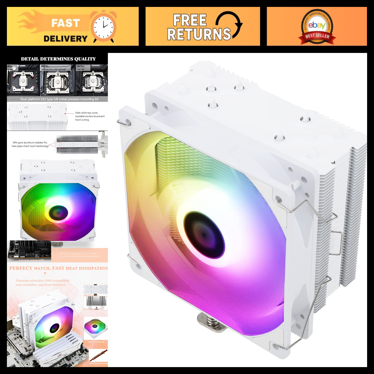 High-Performance CPU Air Cooler, 120mm ARGB Fan, 5 Heatpipes, AMD/Intel Compatib