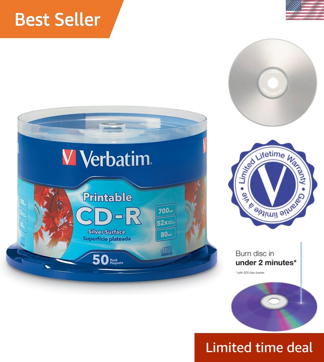 CD-R 700MB 52X Silver Inkjet Printable Discs, 50 Pack