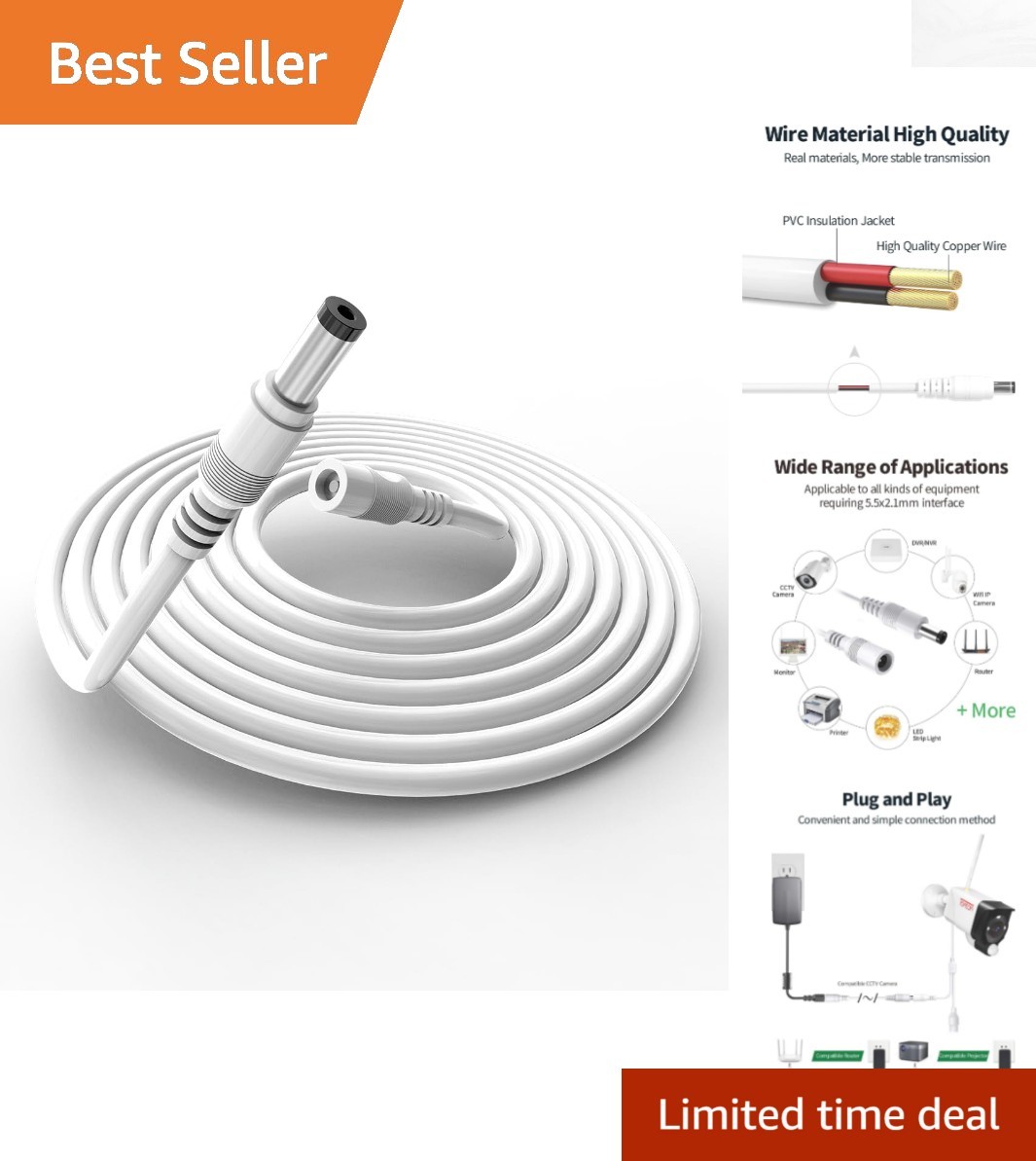 Dependable 6.6FT 12V DC Power Extension Cable - Ideal for Surveillance Systems