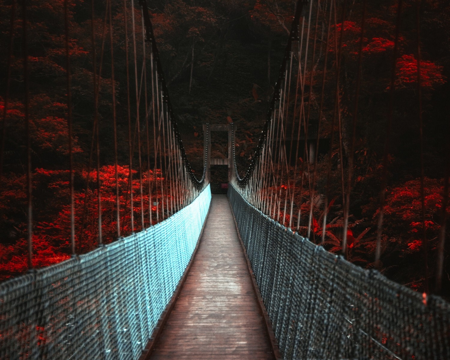 Landscape nature dark fall bridge trees red Custom Gaming Mat Desk