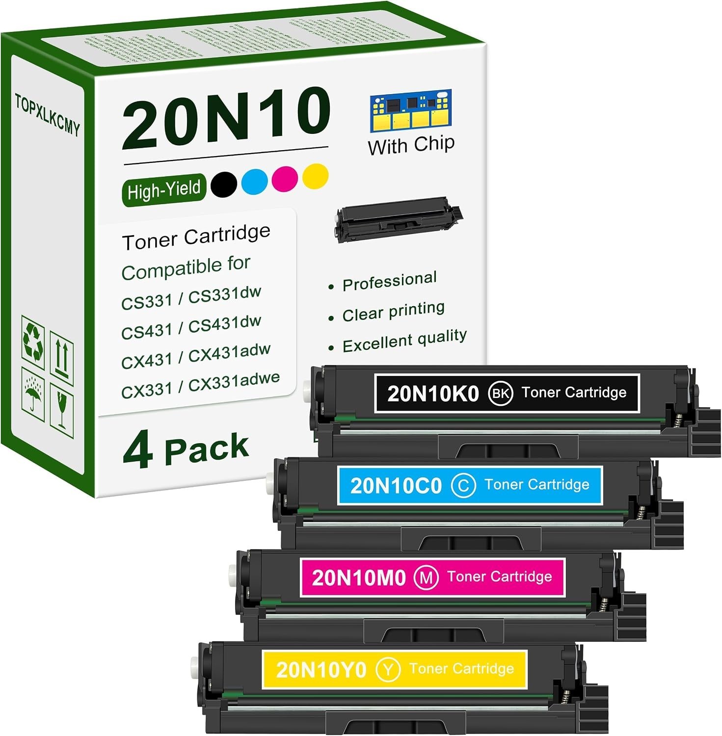 20N10 High Yield 4-Color Toner Replacement for Lexmark CS331 CX331 CS431 CX431 