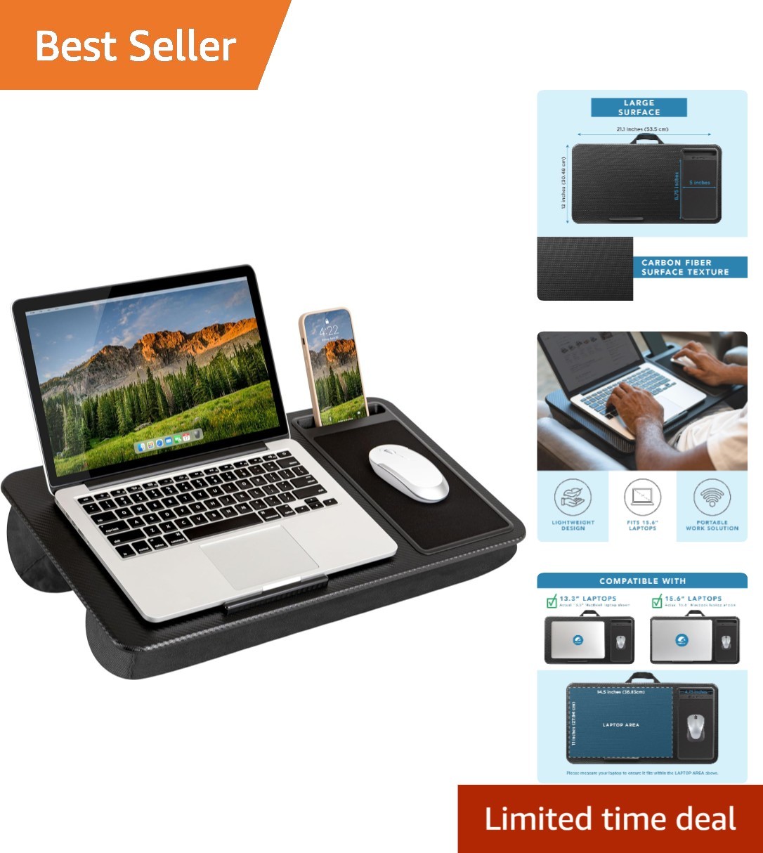 Sleek Black Carbon Home Office Lap Desk with Device Ledge - Fits 15.6'' Laptops