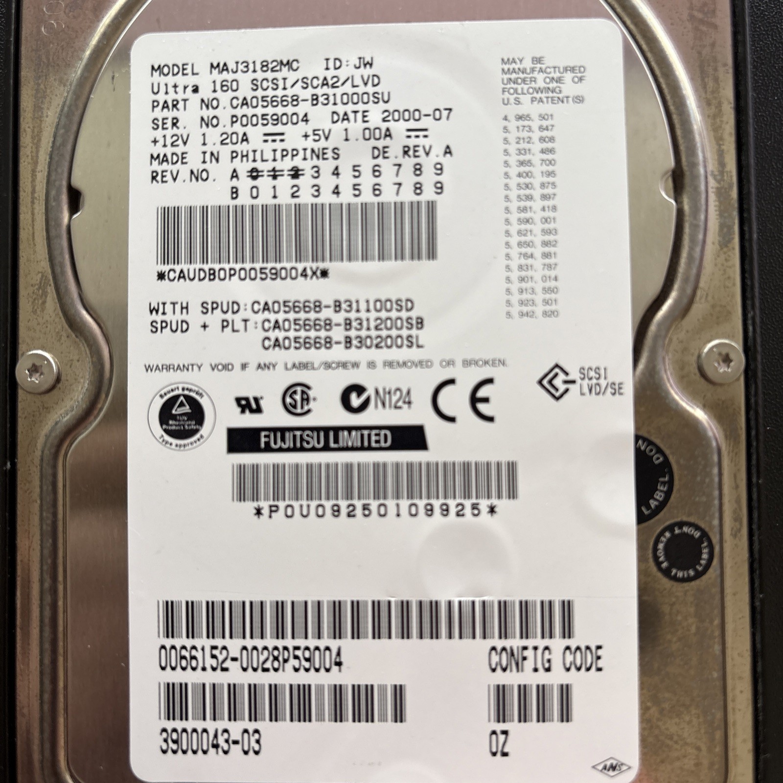 Fujitsu 18.2GB Internal 10k RPM 3.5" (MAJ3182MC) HDD vintage