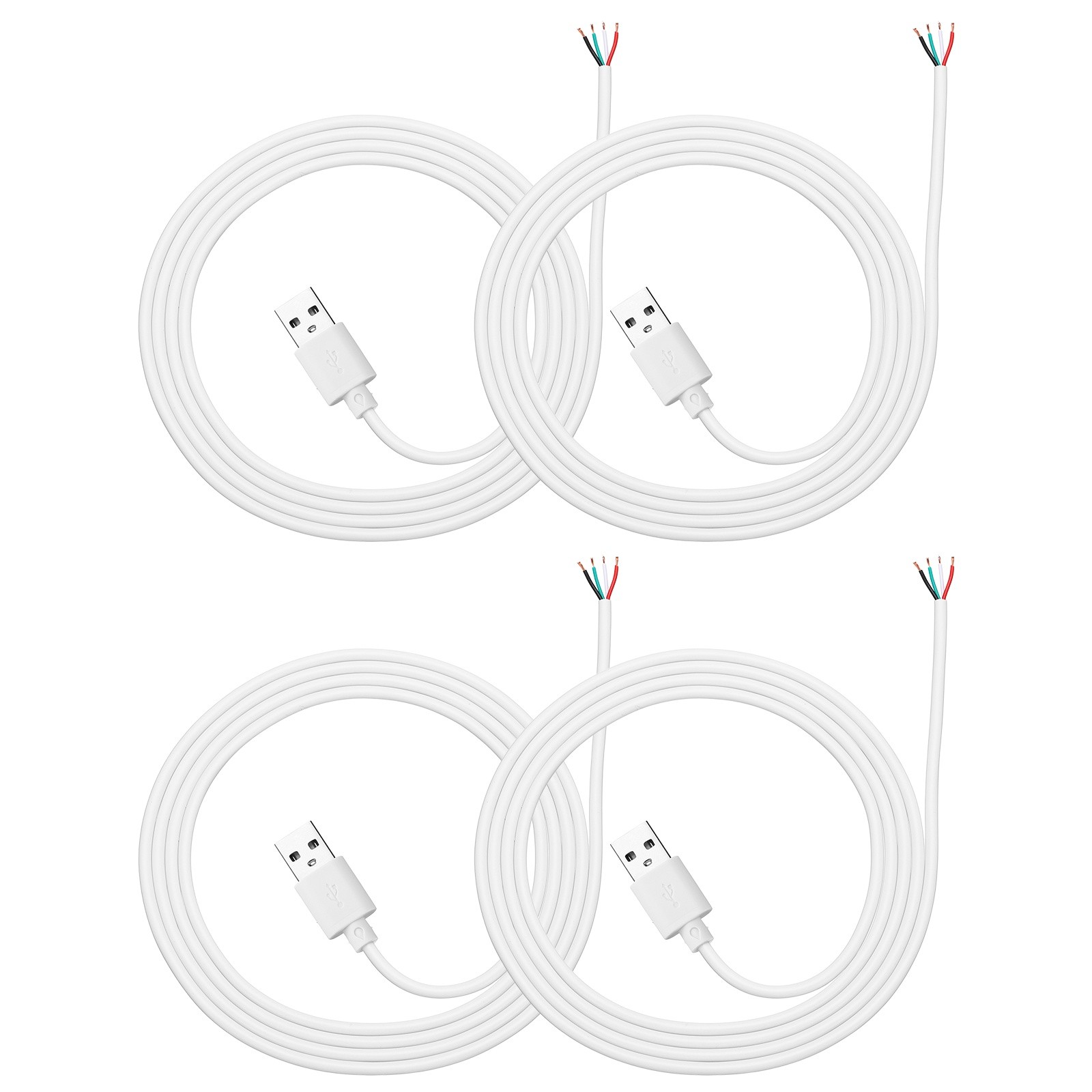 4Pcs 1m/3.28Ft USB Pigtail Cable, 5V 2.4A USB A to 4 Pin Bare Wires, White