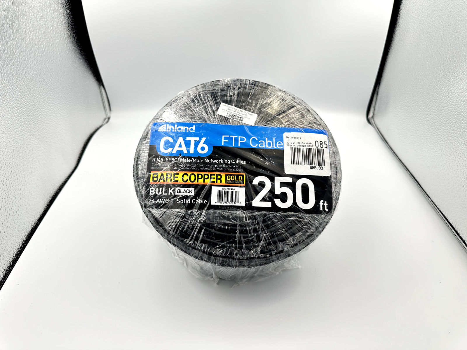 CAT-6 FTP CABLE - 250ft, black, male-male, new