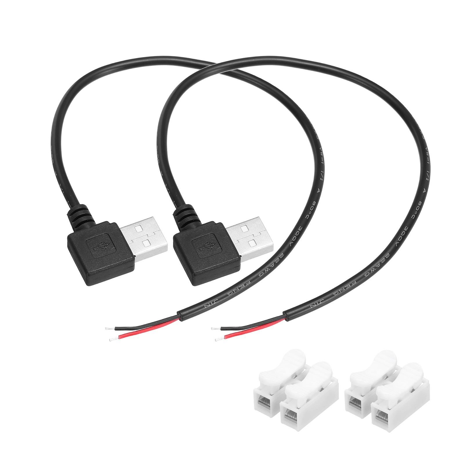 2Pcs USB Plug Pigtail, 0.3 M/1 ft Male Elbow 22 AWG 5V 3A Wire Connector, Black