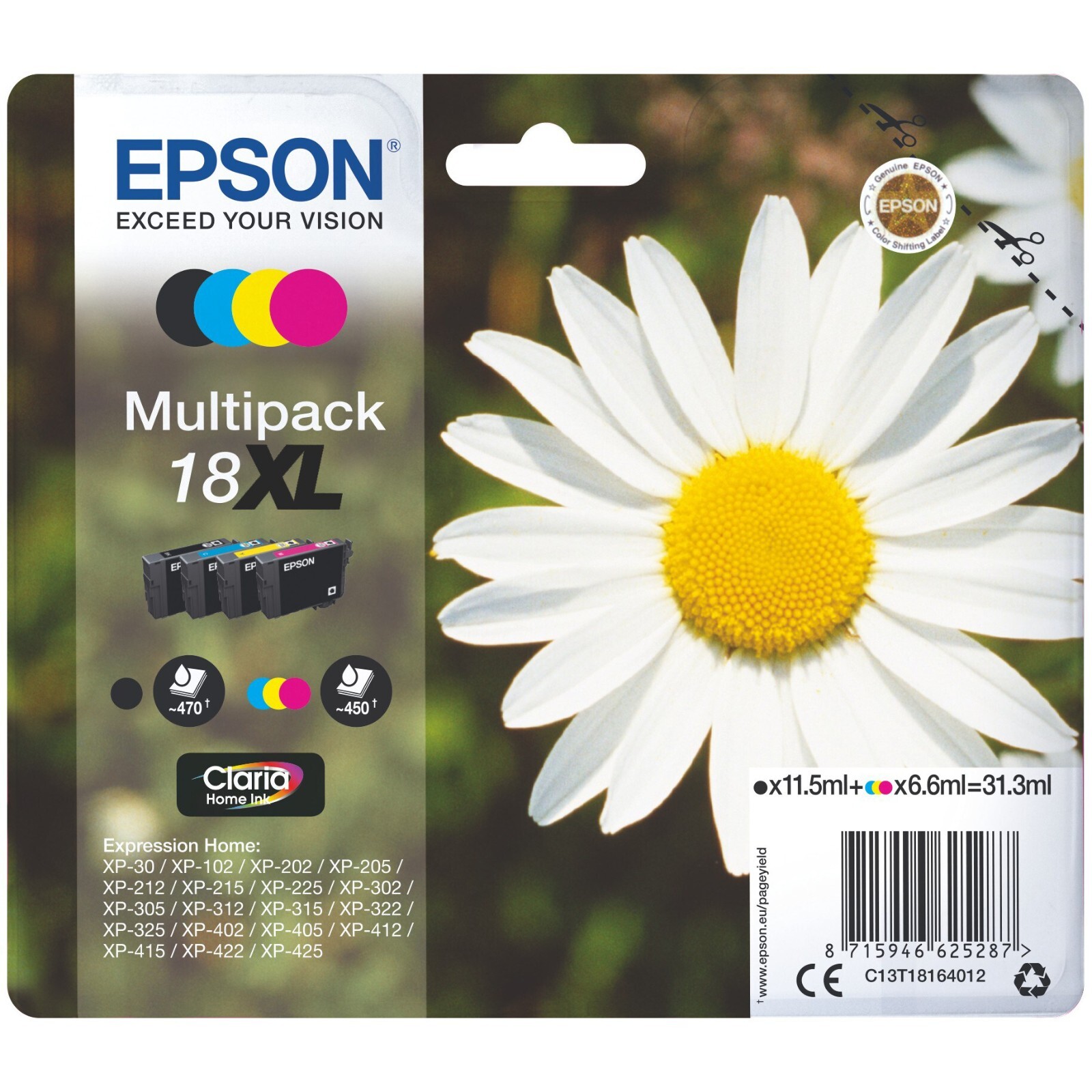 Epson 18XL Genuine Ink Cartridge - Black, Cyan, Magenta, Yellow (C13T18164012)