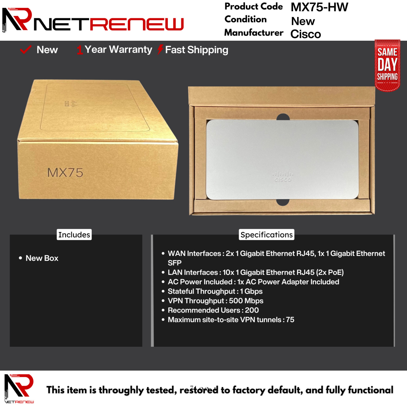 [NEW] Unclaimed -Cisco Meraki MX75-HW  Security Appliance Firewall