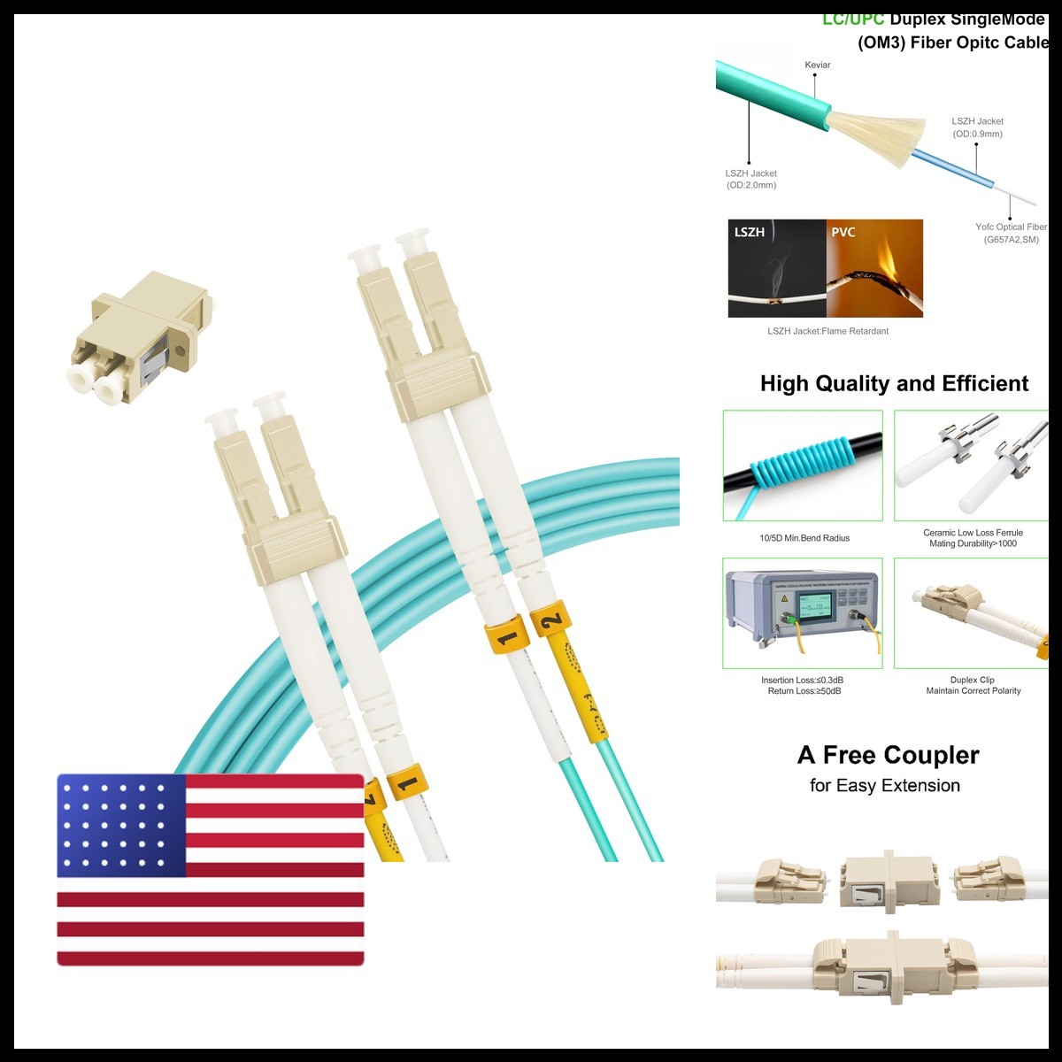 LUWWZLX 50M LC to LC OM3 50/125µm Fiber Optic Cable 10G/40G LSZH with LC Coupler