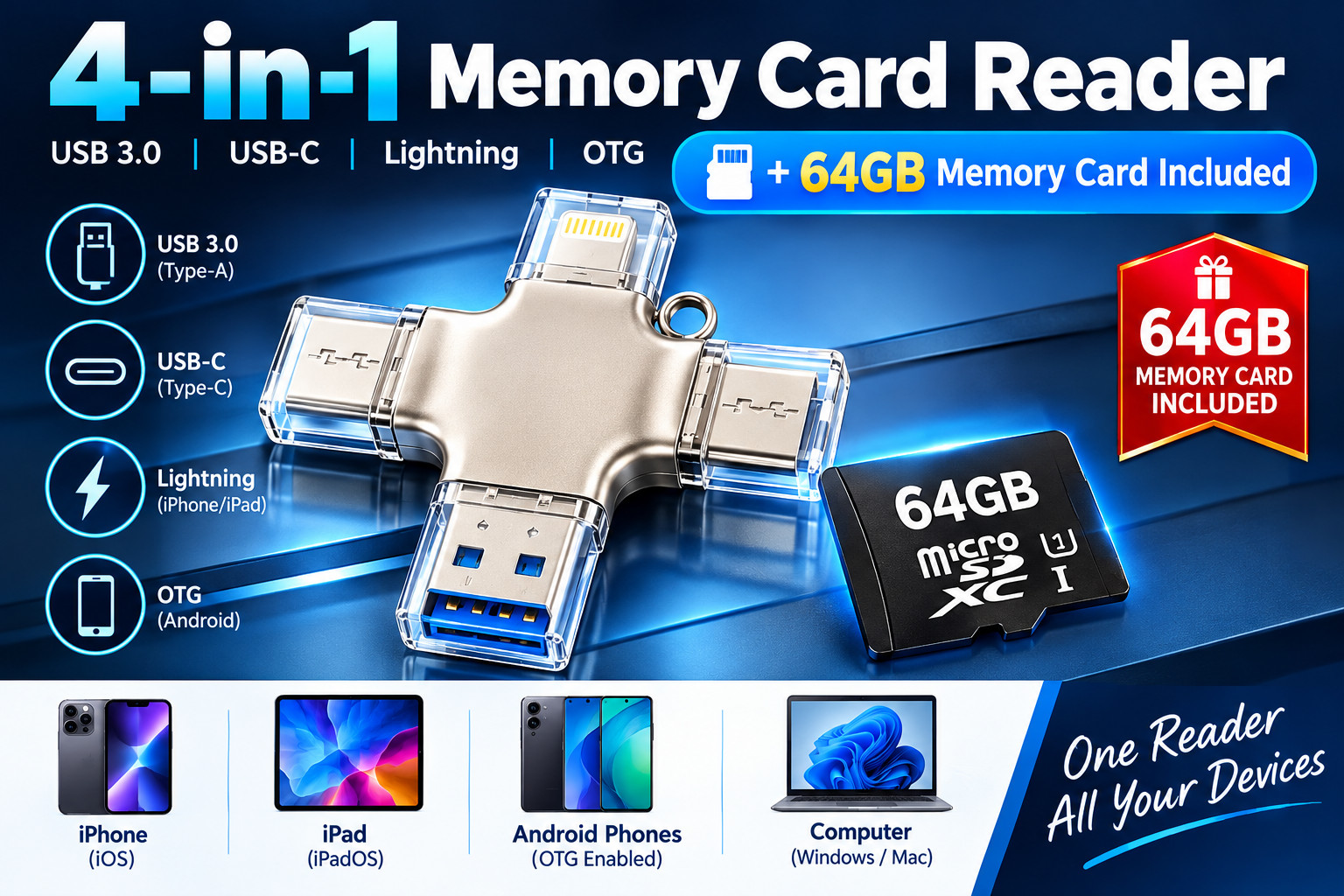 4-in-1 Memory Card Reader + 64GB Card Included USB 3.0 USB-C Lightning OTG