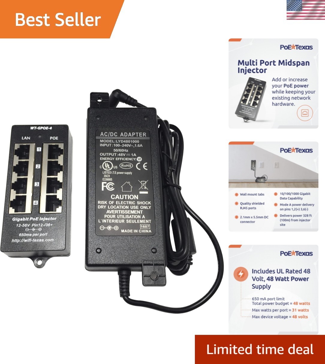 Elegant 4-Port Gigabit PoE Injector with 48V/48W for Seamless Connectivity