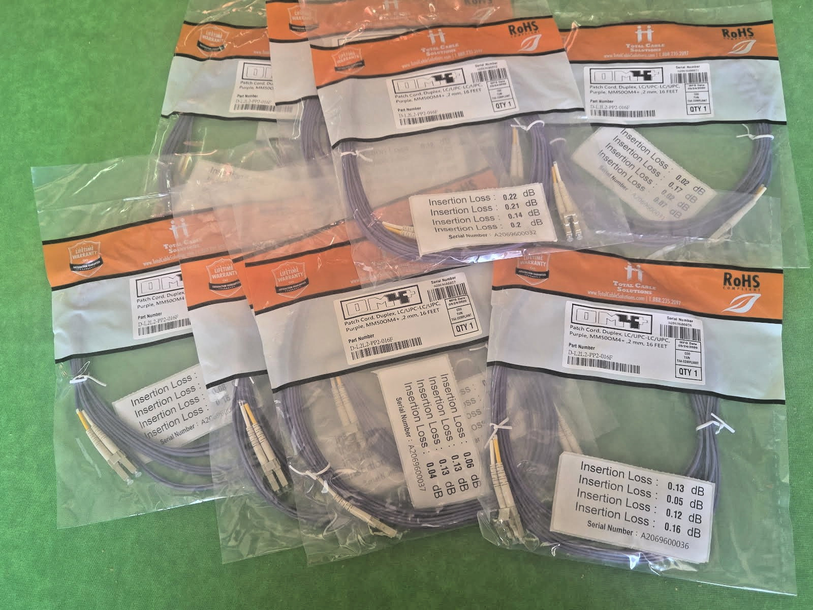OM4 LC/UPC- LC/UPC Fiber Patch MM Duplex Purple 50/125  16 FT LOT OF 10 PCS NEW