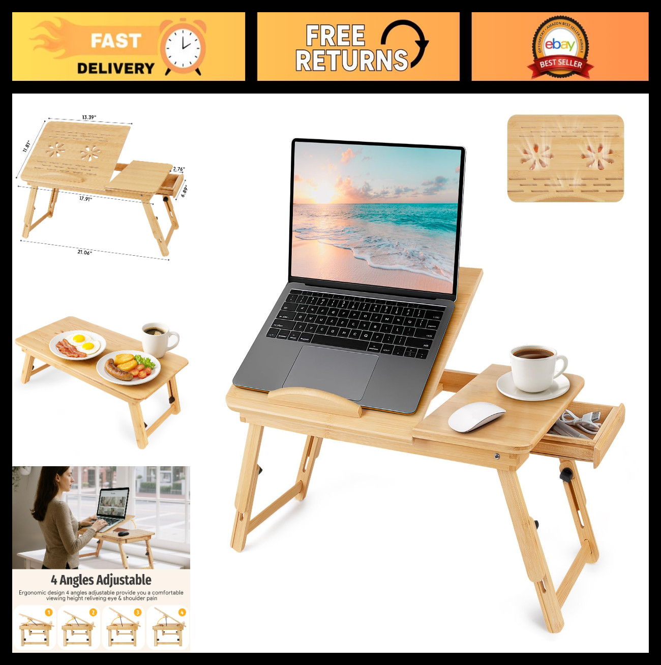 Adjustable Bamboo Laptop Desk for Bed - Foldable Lap Table with Drawer & Cup Hol