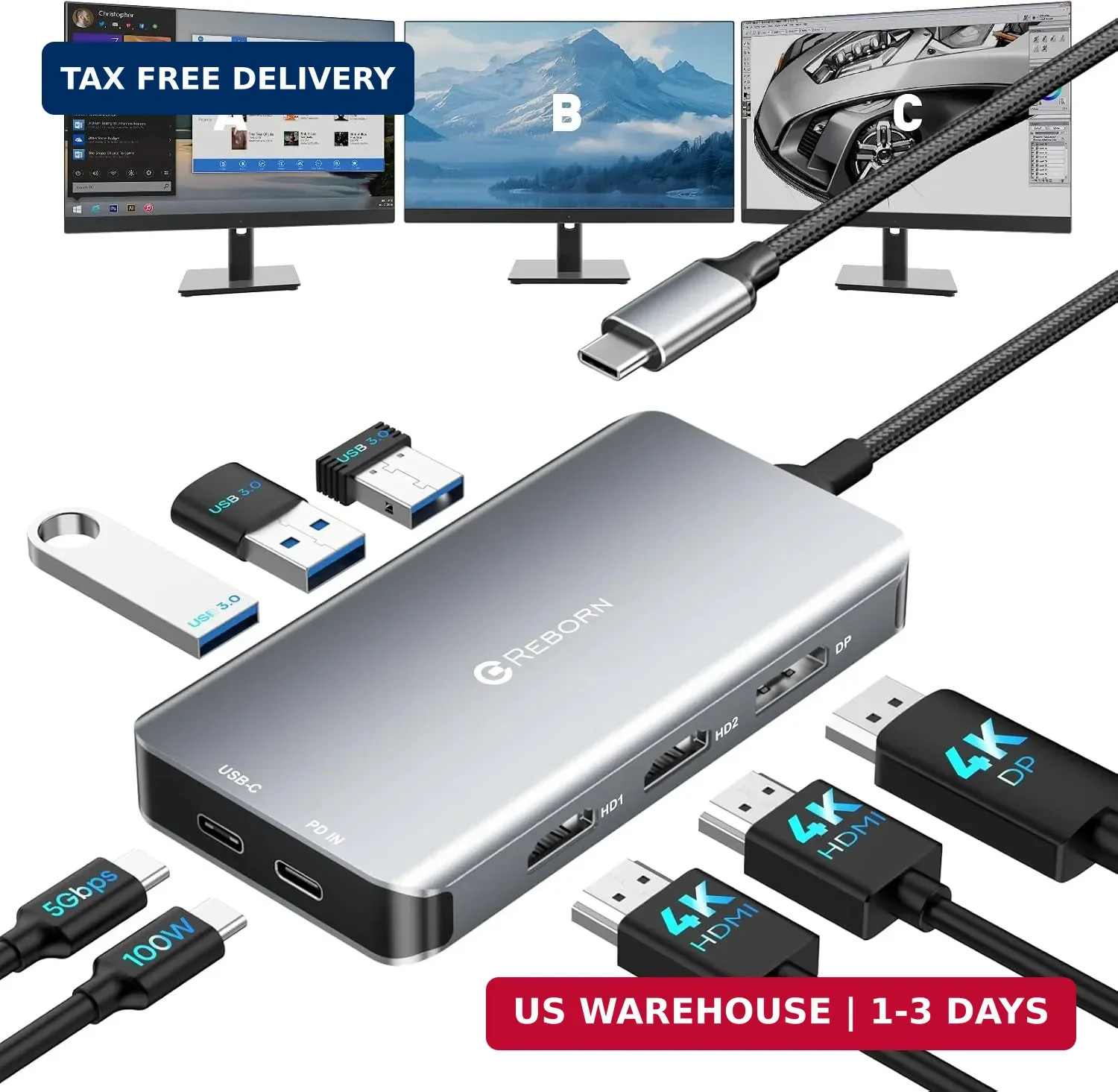 Reborn USB-C Docking Station Dual Monitor Adapter, Laptop Docking Station 3 Moni