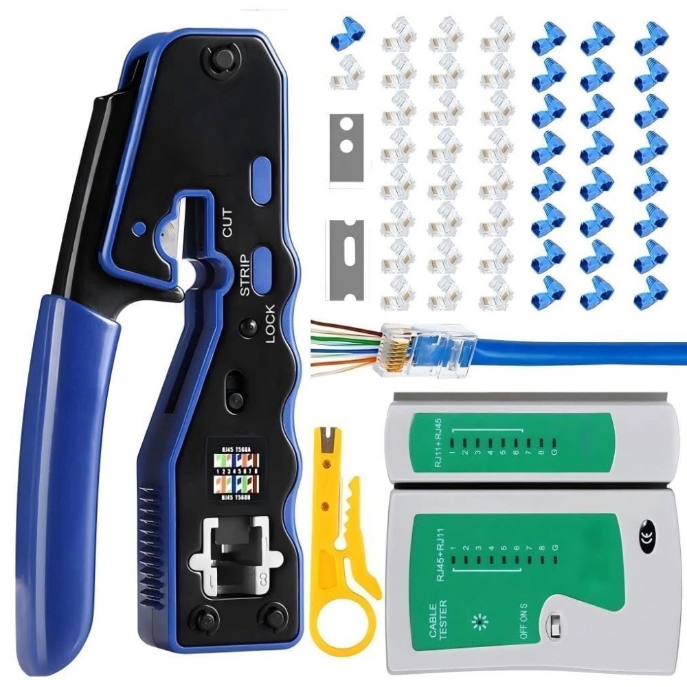 RJ45 Crimp Tool Kit for Cat5, Cat5e, Cat6 with Cable Tester and Accessories