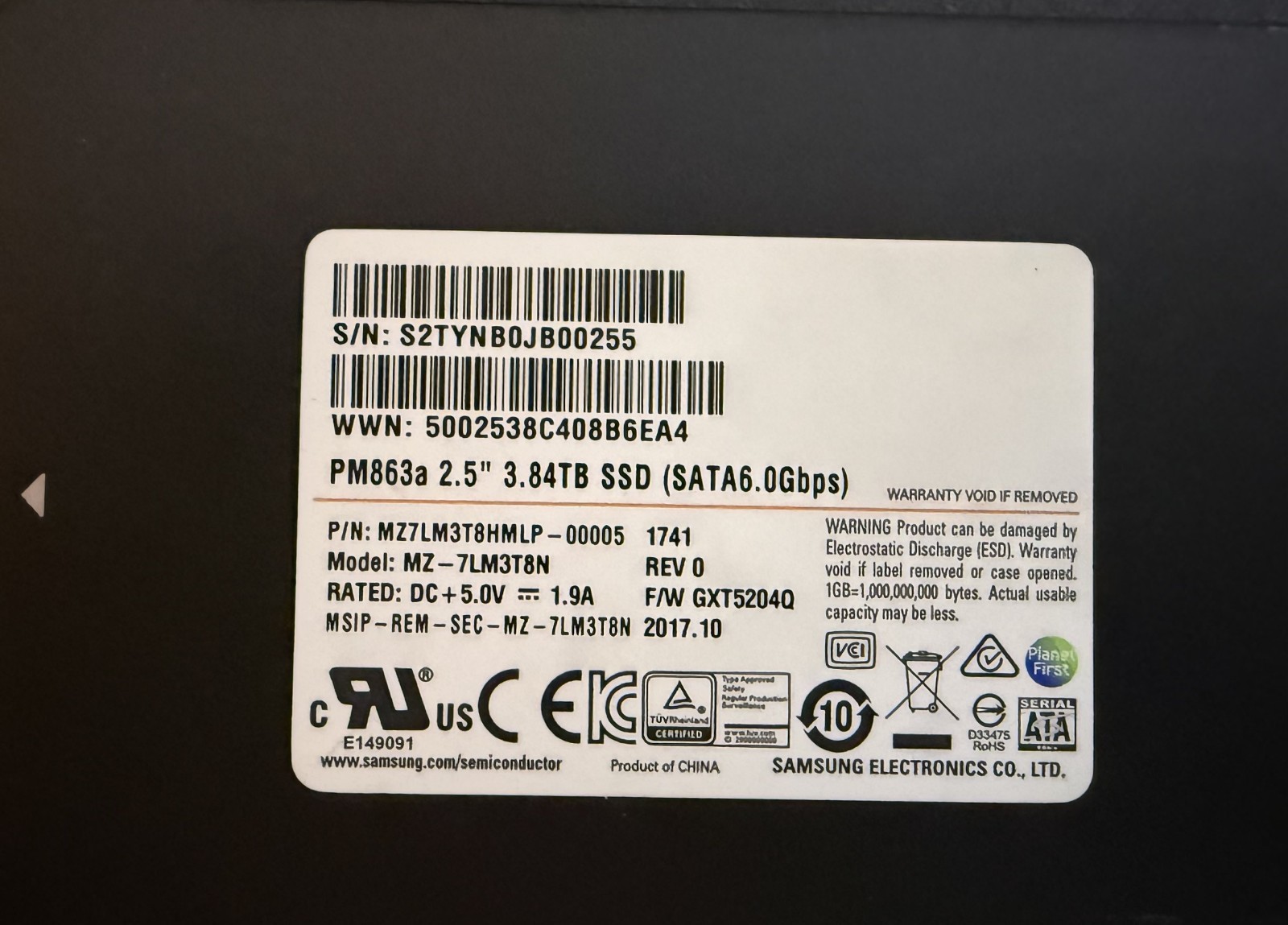 Samsung PM863a 2.5" 3.84TB MZ7LM3T8HMLP-00005 Internal SSD - 98.9%  Health