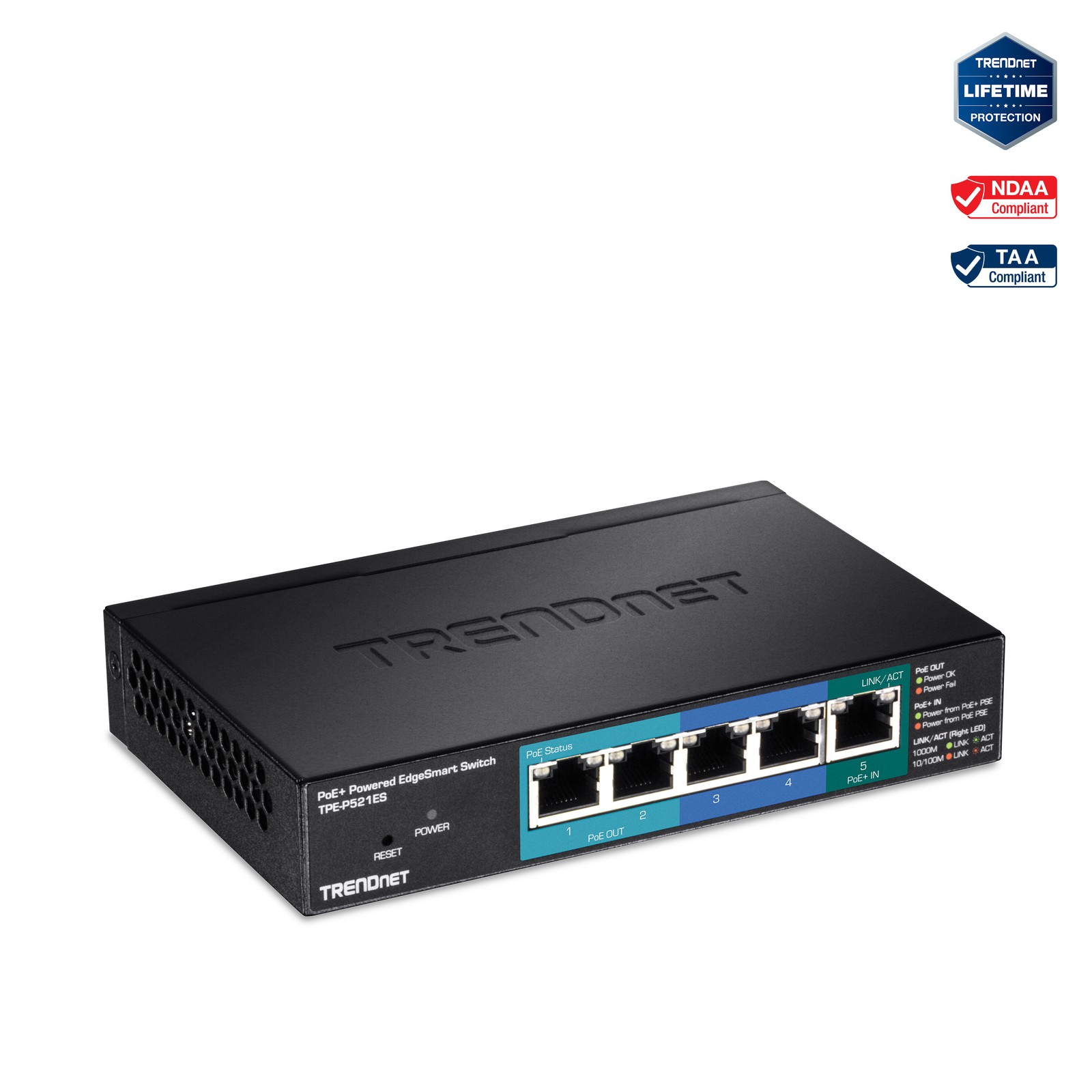 TRENDnet TPE-P521ES, 5-Port Gigabit PoE+ Powered EdgeSmart Switch with PoE Pass