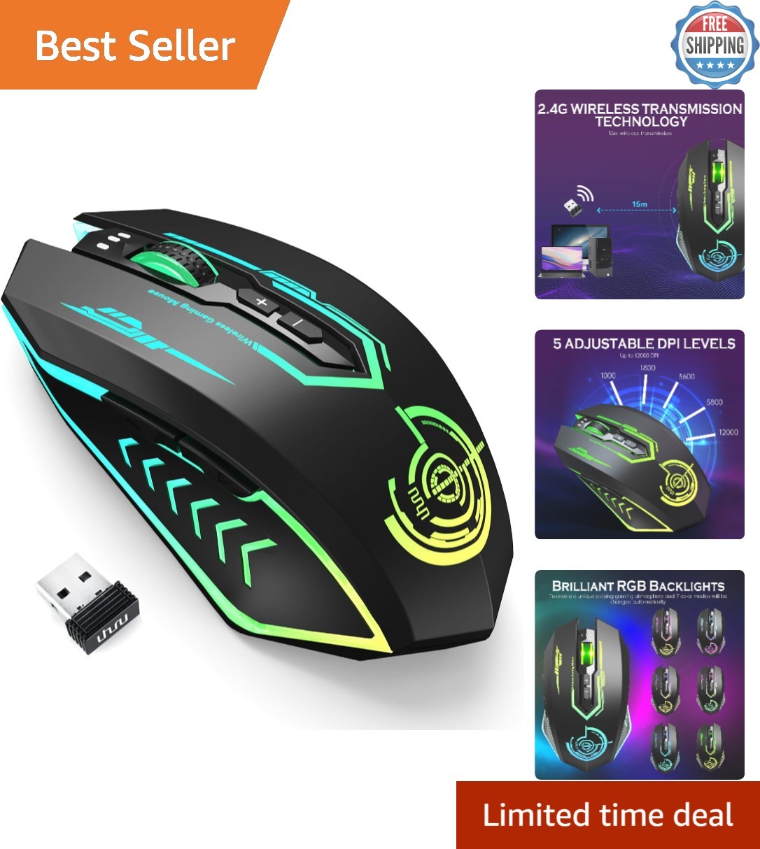Ergonomic Wireless Gaming Mouse with Dynamic RGB - Up to 12000 DPI Sensitivity