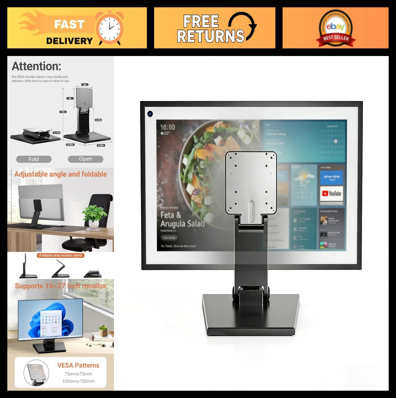 Ergonomic Lay Flat Low Profile Monitor Stand for 14-24" Screens - Adjustable Des