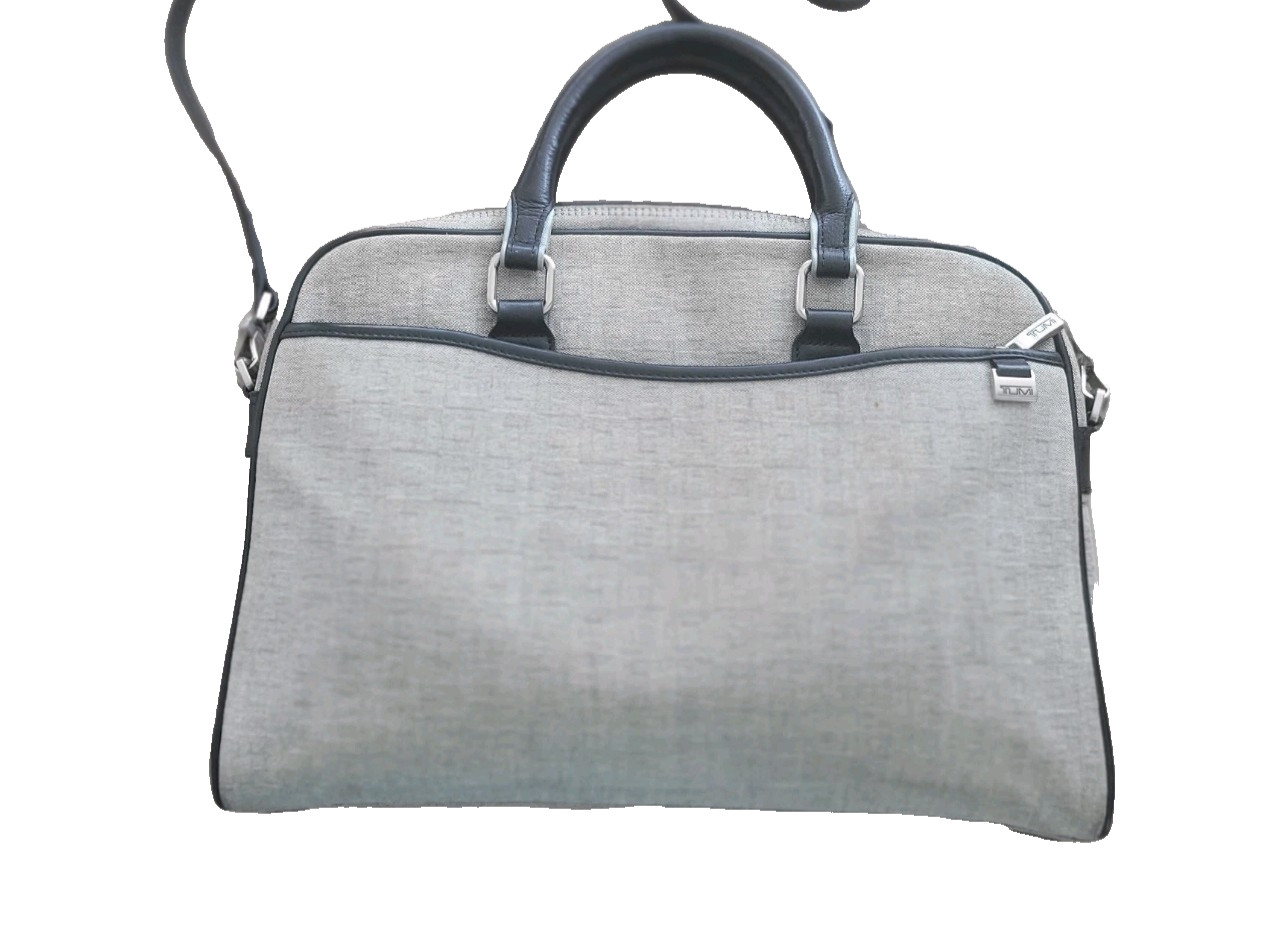 Tumi Laptop Bag Crossbody Work Travel Luggage Pockets Gray Black Fabric Leather 