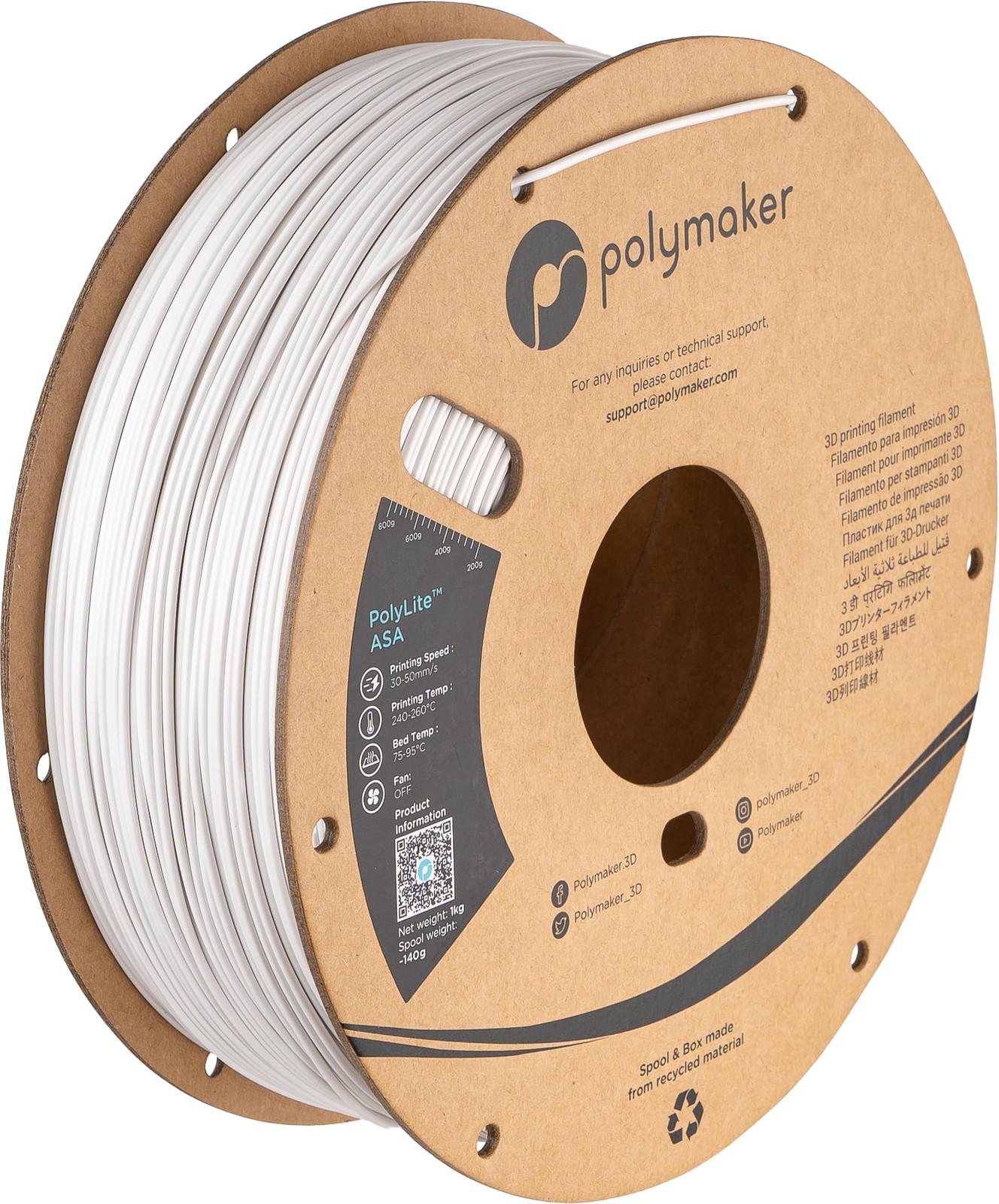Polymaker ASA Filament 1.75mm White 1KG, UV & Weather Resistant