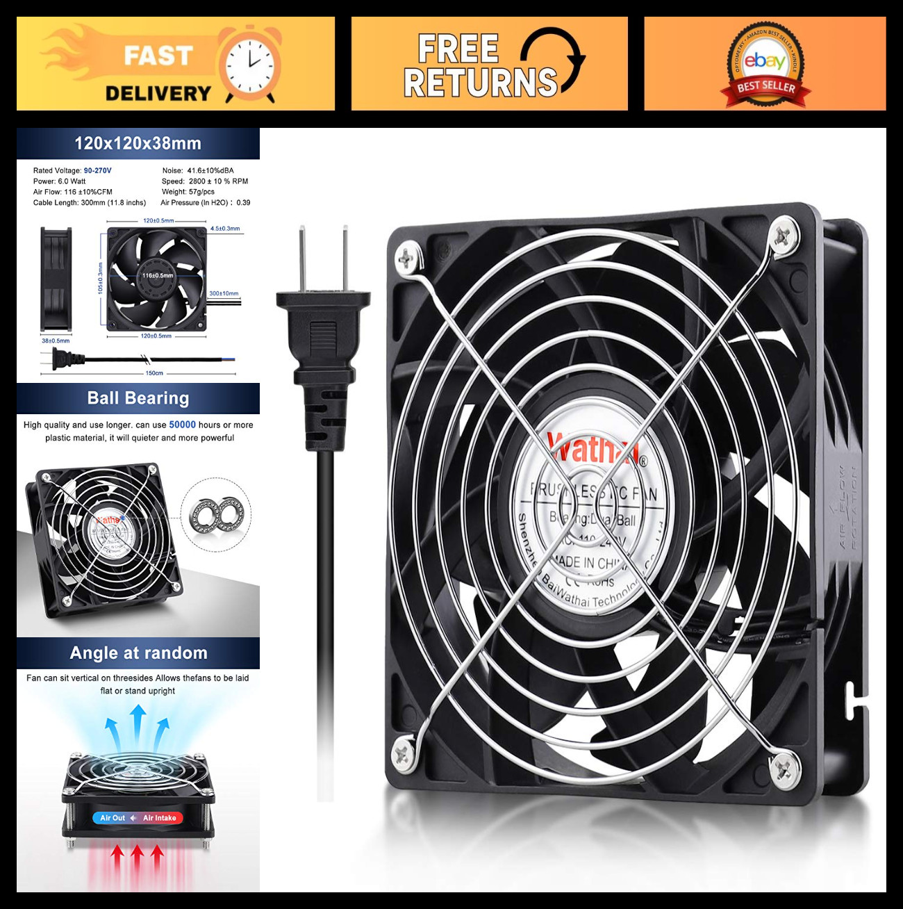 High-Performance 120mm Industrial Case Fan - 116 CFM, AC 110V-240V, Brushless Co