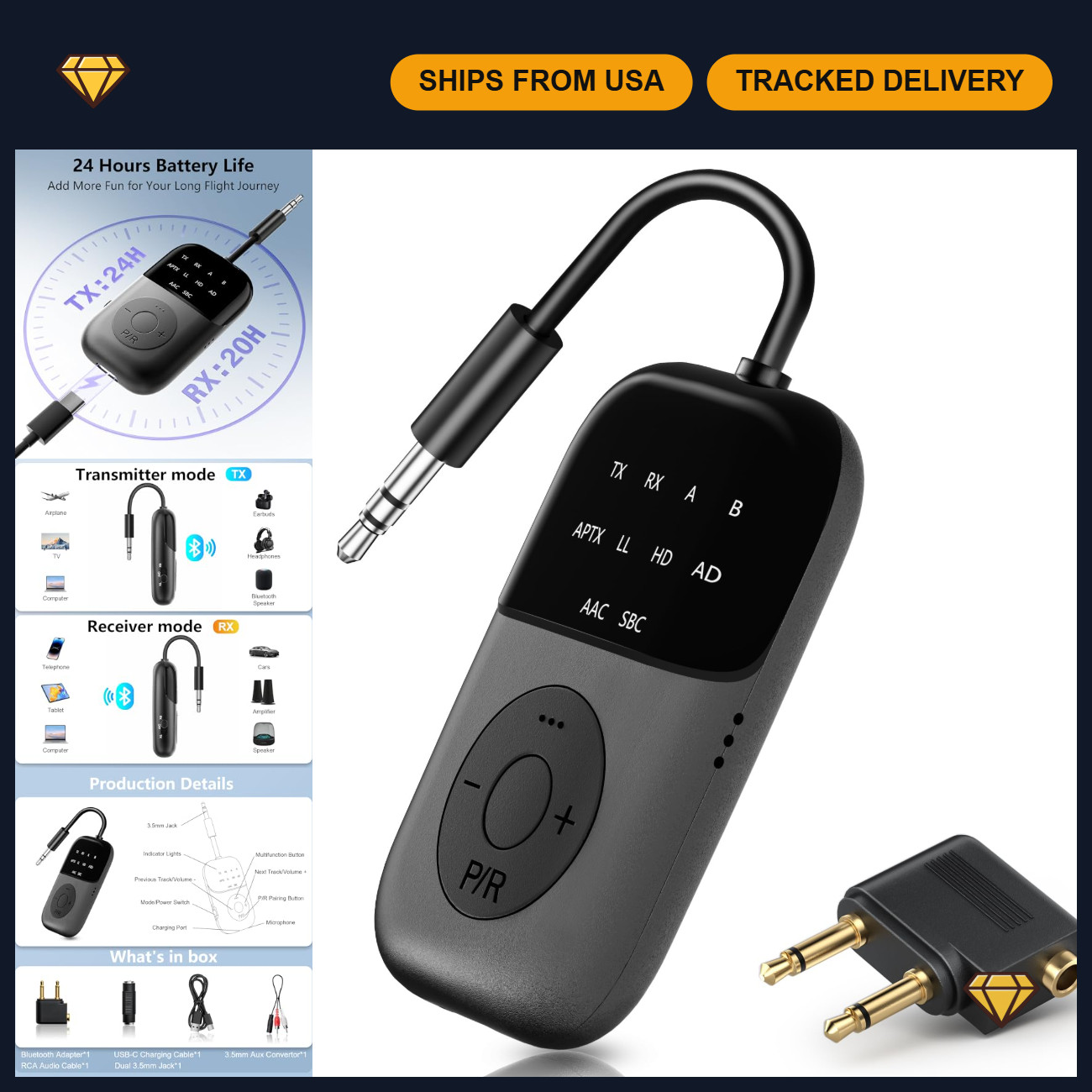 2-in-1 Bluetooth 5.4 Transmitter Receiver Adapter for Airplane & Home Use