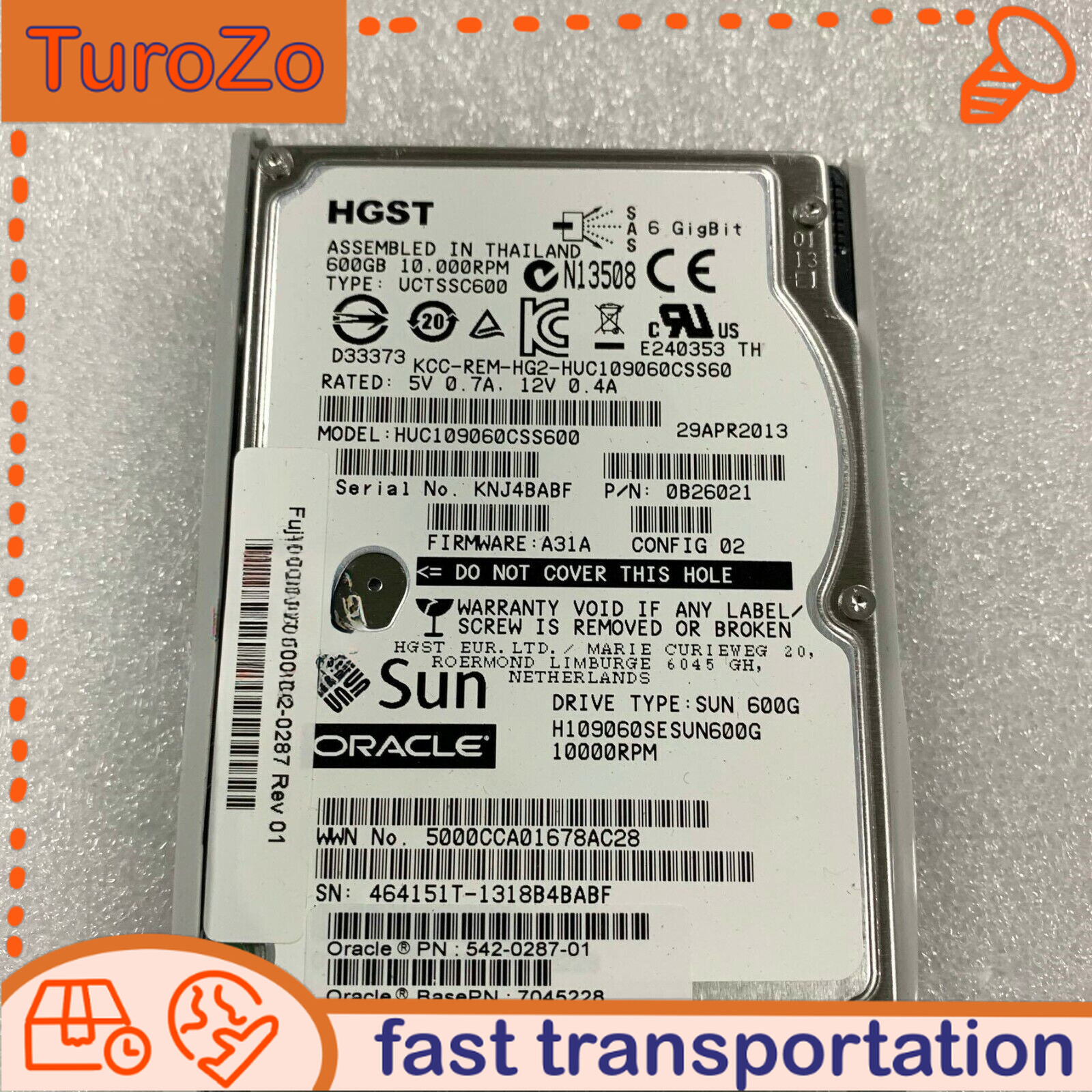 542-0287 SUN Original Oracle Hitachi 600GB 10K 6Gbps SAS Hard Drive-Tested