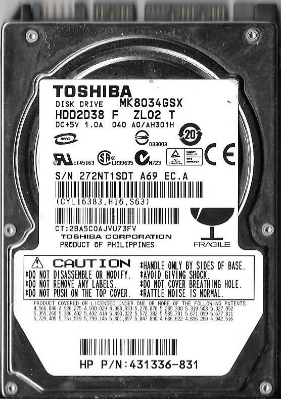 Toshiba MK8034GSX HDD2D38 F ZL02 T 80GB Sata Hard Drive