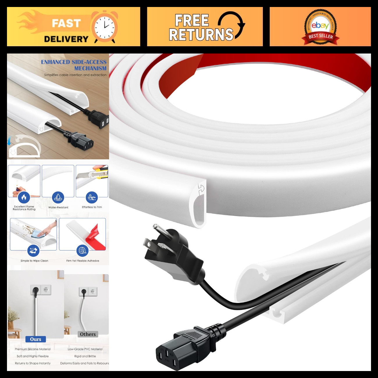 Flexible Silicone Cord Hider 236" - Self-Adhesive Cable Concealer for TV & Offic