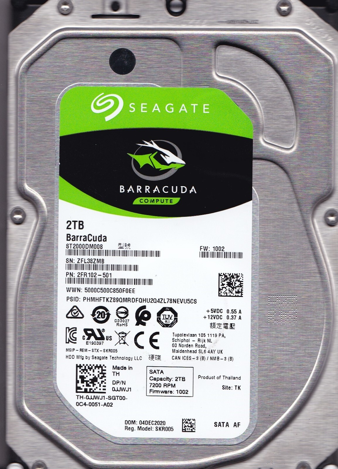 ST2000DM008 pn: 2FR102-501 s/n: ZFL DEC 2020 fw: 1002 TK 2TB SATA 3.5"  Seagate
