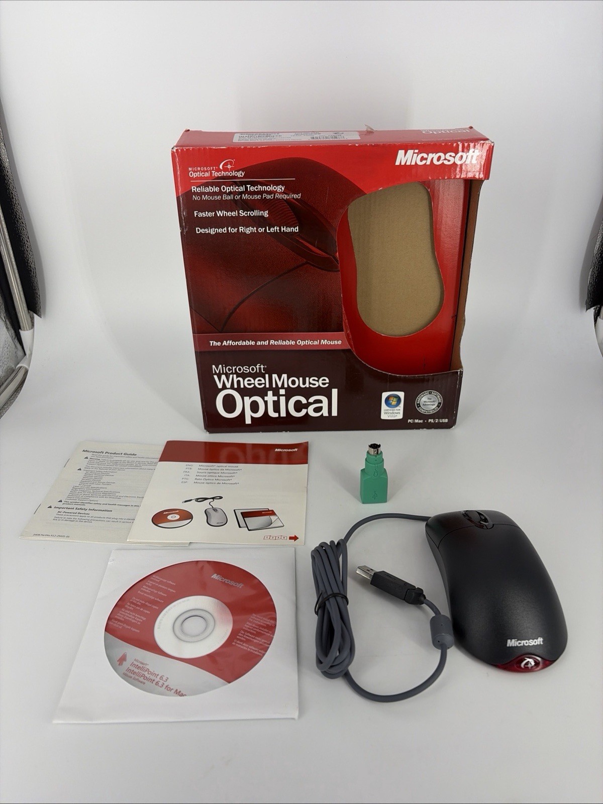 Microsoft Wheel Mouse Optical PC Mac Wired USB PS/2 Model X10-48807-03 Open Box