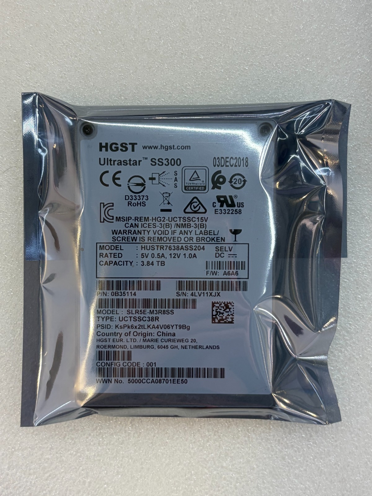 WD 5562826-A 3.84TB 2.5 inch 12G SAS SSD HUSTR7638ASS204 SLR5E-M3R8SS UCTSSC38R