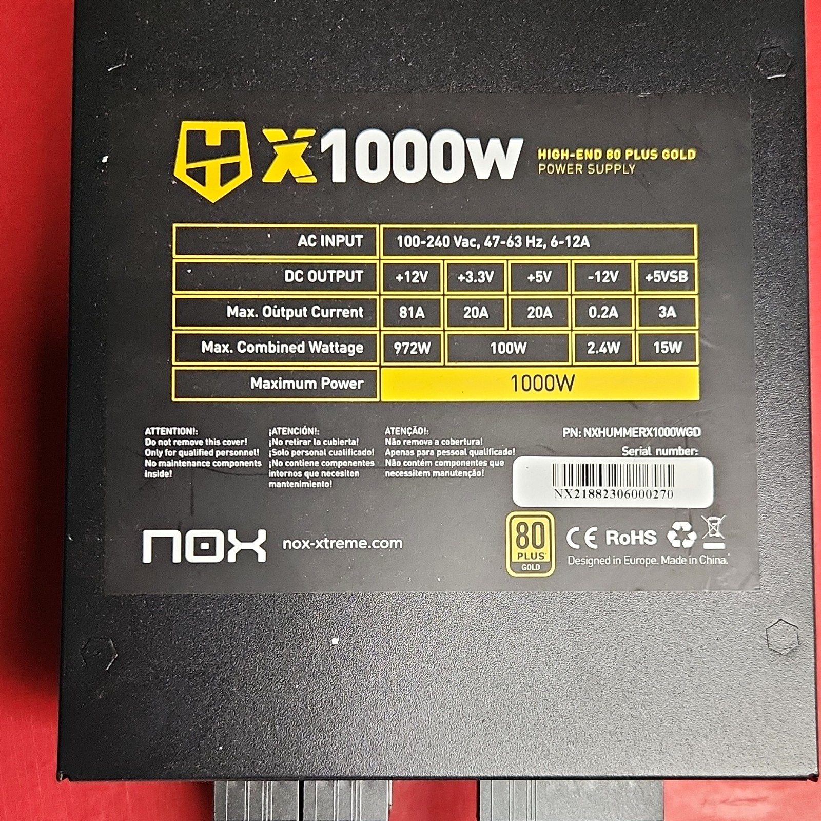 NOX Hummer X 1000W 80 Plus Gold ATX Power Supply PCI-E Black