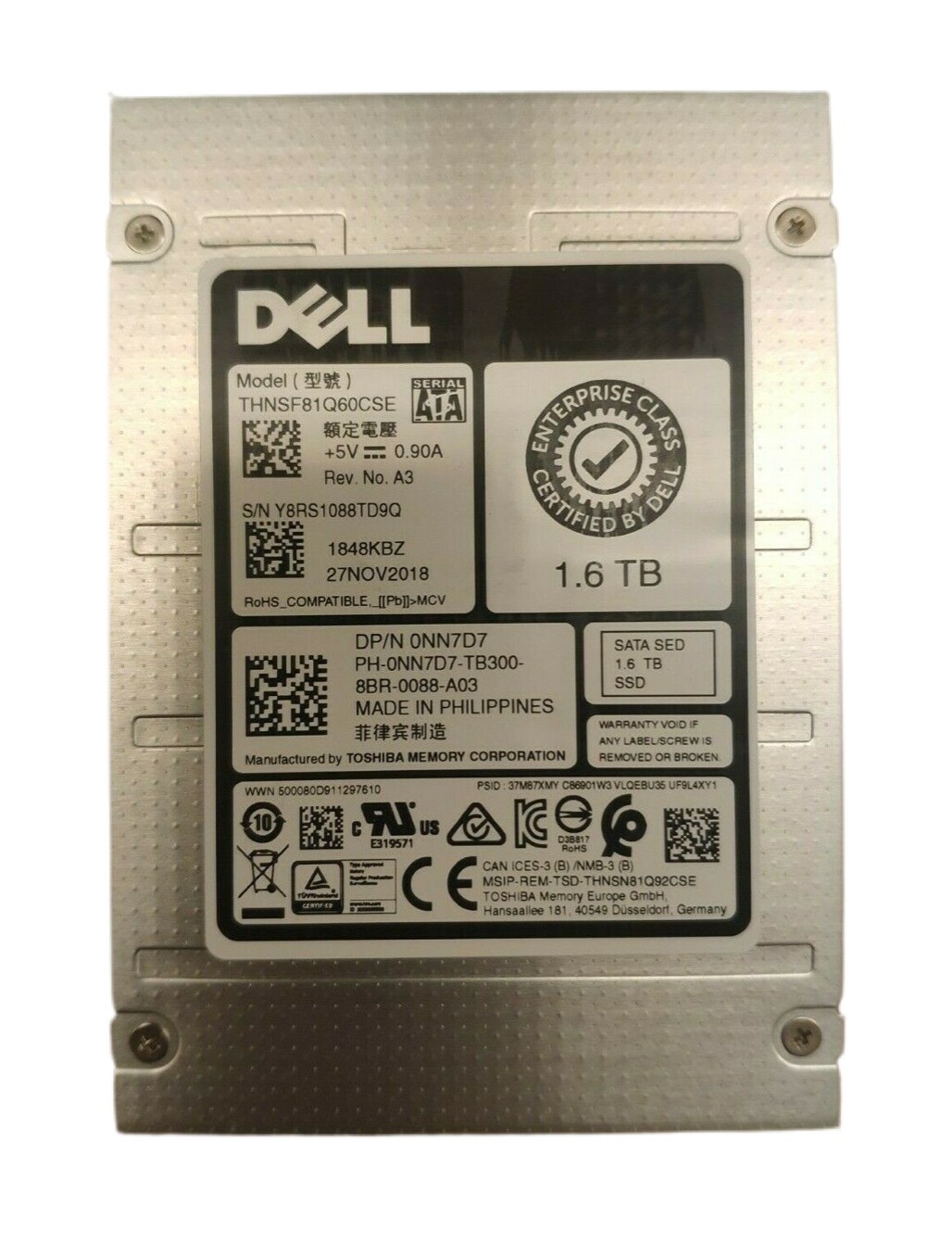 NN7D7 DELL 1.6TB TOSHIBA SATA 2.5 SFF THNSF81Q60CSE 6G SSD 0NN7D7 MU SED TRAY