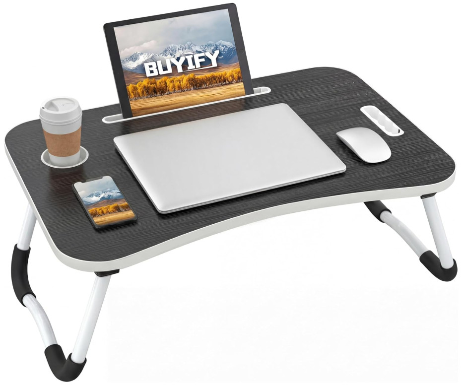 Mesa Plegable 23" para Portátil con Portavasos y Ranura para Tablet, Negra,Nuevo