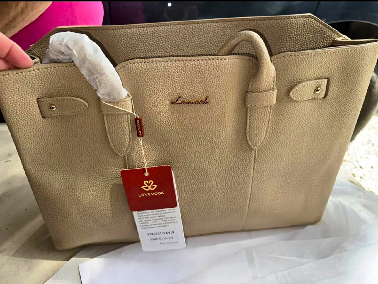 LOVEVOOK 15.6 in Laptop Tote Bag Waterproof Leather Zipper Closure Beige