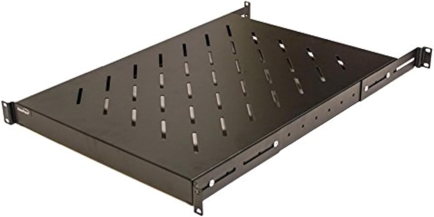 Durable 1U Rack Mount Server Shelf - Adjustable 18-34" Depth, Black Alloy Steel