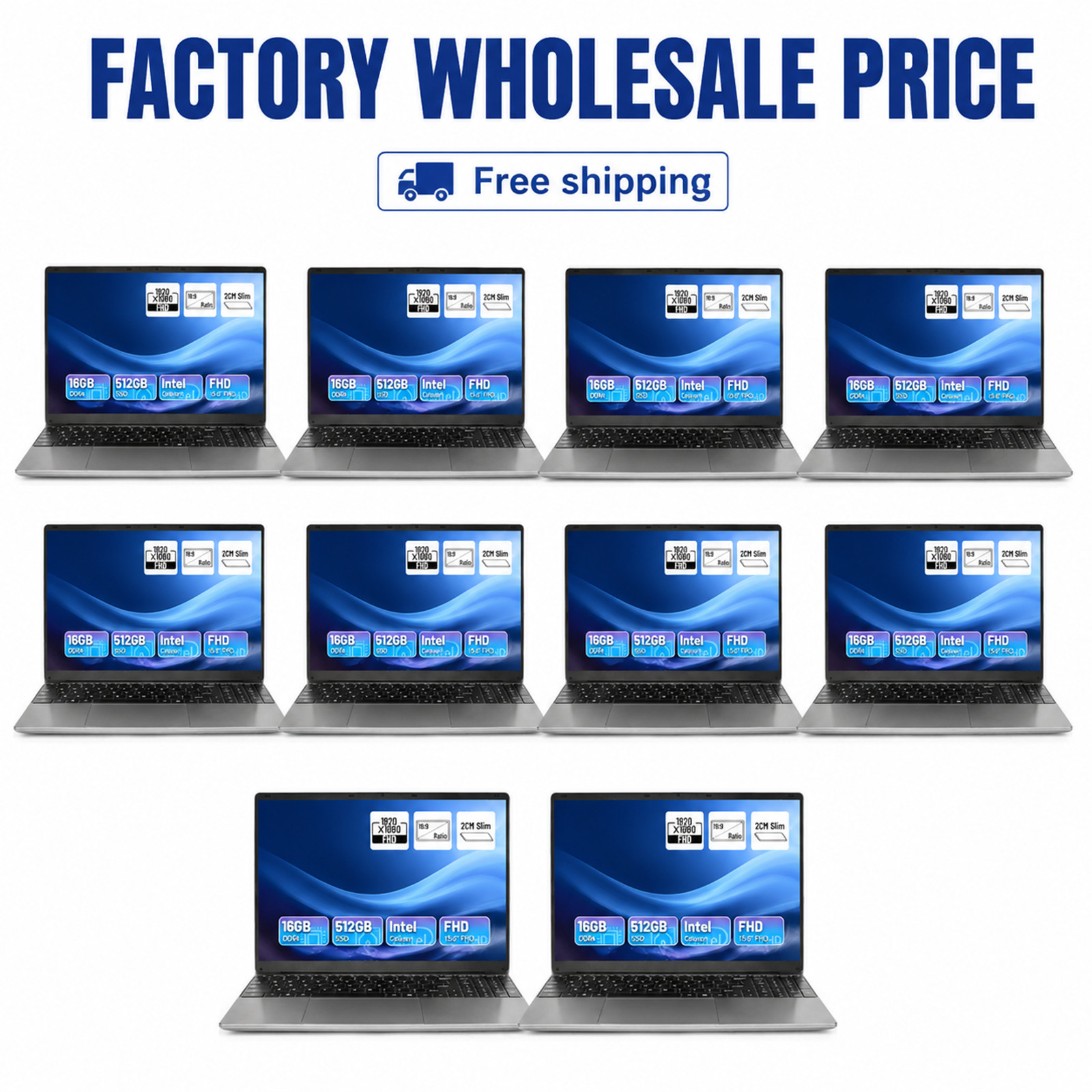 10PCS Factory Laptop 15.6" 2K FHD 16GB 512 SSD Memory N5095 Intel-Core Notebook