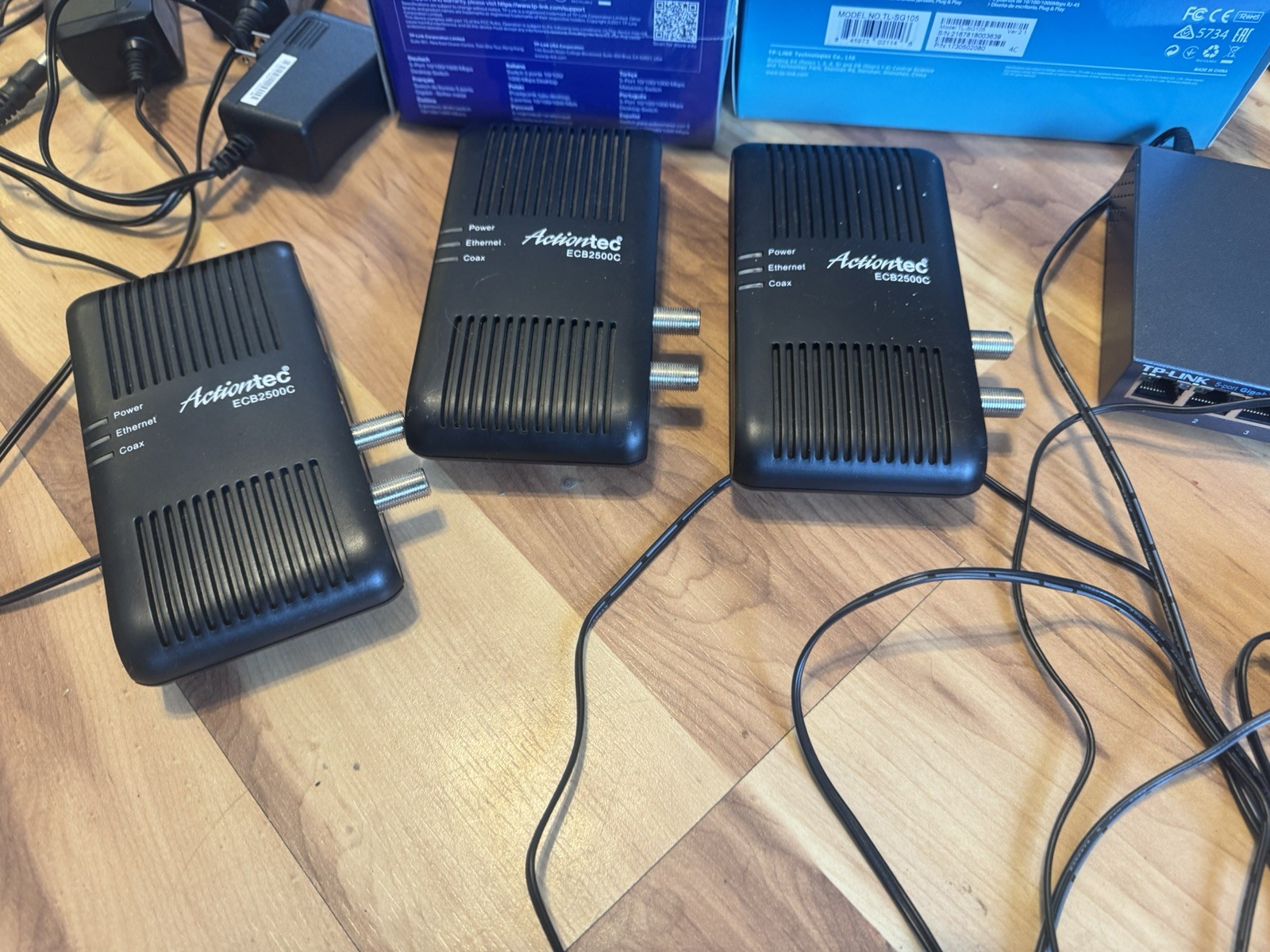 3 Actiontec ECB2500C MoCA Network Adapters With 2 TP-LINK® 5-Port Gigabit Switch